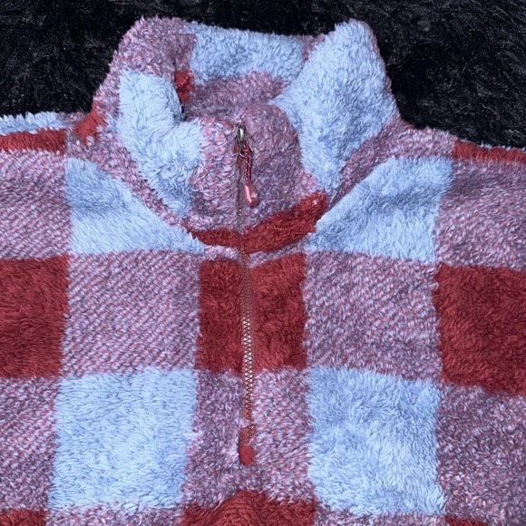 Eddie Bauer Pullover Womens XL Sherpa Fuzzy Plaid Checkered Half Zip Cozy Sweate - Picture 3 of 8
